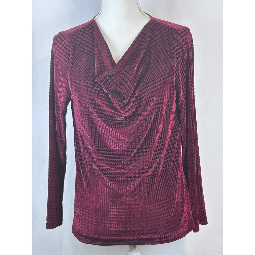Talbots Burnout Velvet Top Womens Large Burgundy Excellent Cowl Neck Houndstooth